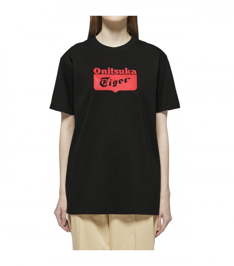 Women's Onitsuka Tiger Logo T Shirts Black / Red | 84207-FBVK