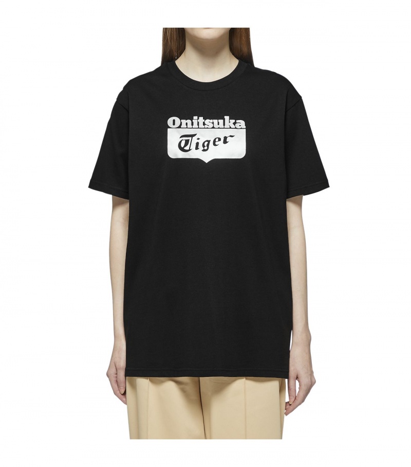 Women's Onitsuka Tiger Logo T Shirts Black / Silver | 81635-OMHK