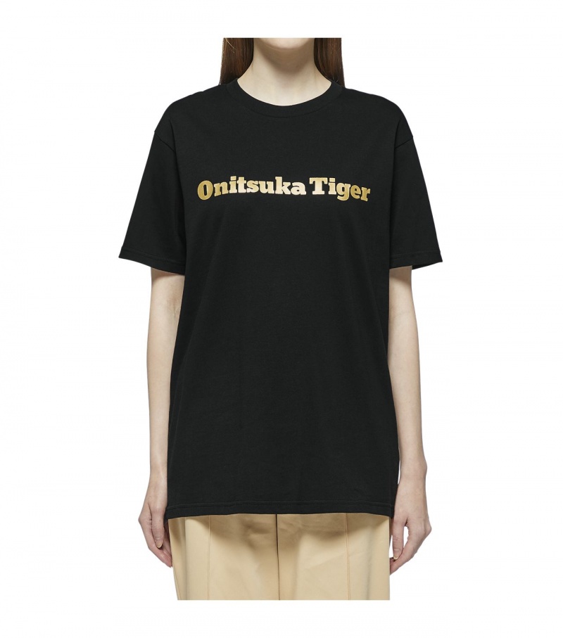 Women's Onitsuka Tiger Logo T Shirts Black / Gold | 37624-LMPR