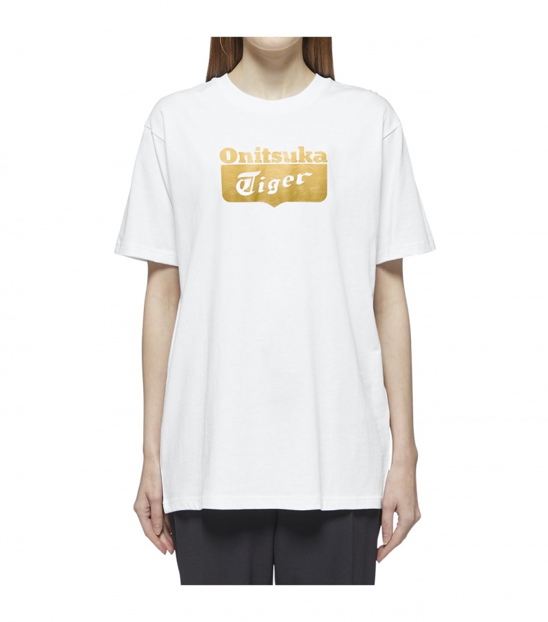 Women's Onitsuka Tiger Logo T Shirts White / Gold | 68397-IURH