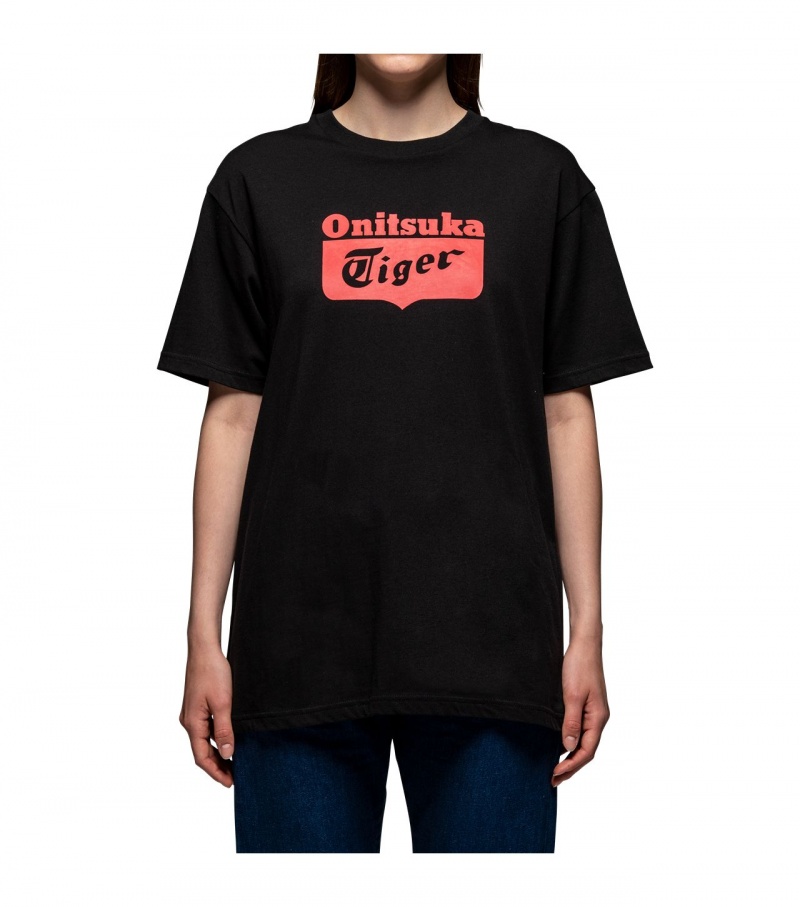 Women's Onitsuka Tiger T Shirts Black / Red | 14083-UJEC