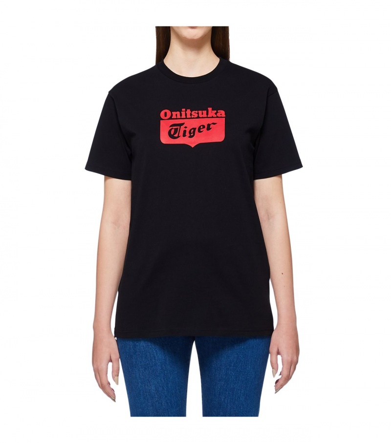 Women's Onitsuka Tiger T Shirts Black / Red | 14083-UJEC